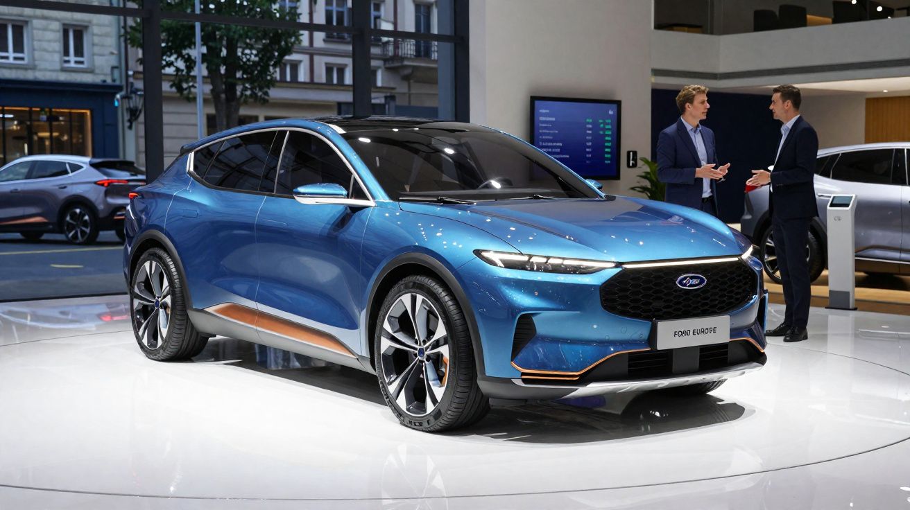 Carro elétrico azul Ford Mustang Mach-E exposto num salão automóvel com duas pessoas ao fundo a conversar.