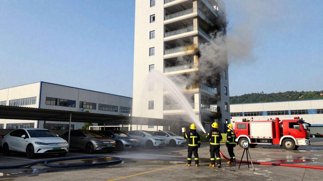 Bombeiros em parque de estacionamento combatem incêndio num edifício com fumo negro a sair das varandas.