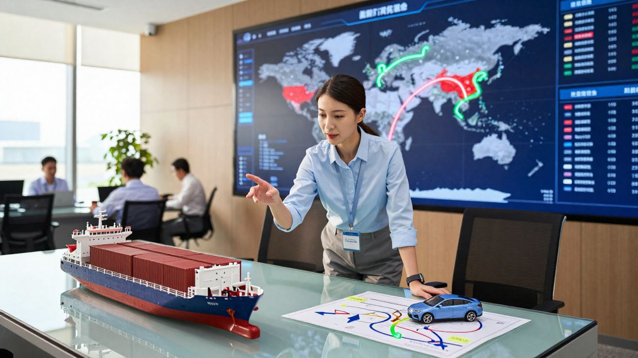 Mulher a analisar modelo de navio de carga e rota em mapa, numa sala com ecrã digital global de logística.