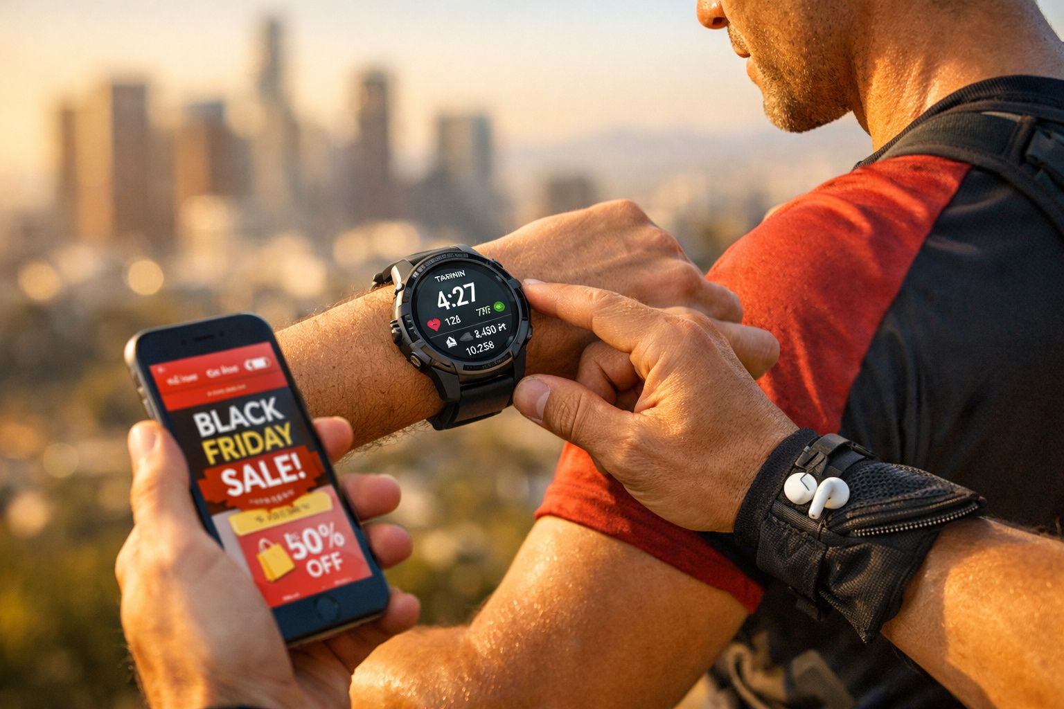 Homem com roupa desportiva verifica relógio inteligente enquanto segura telemóvel com promoção Black Friday.