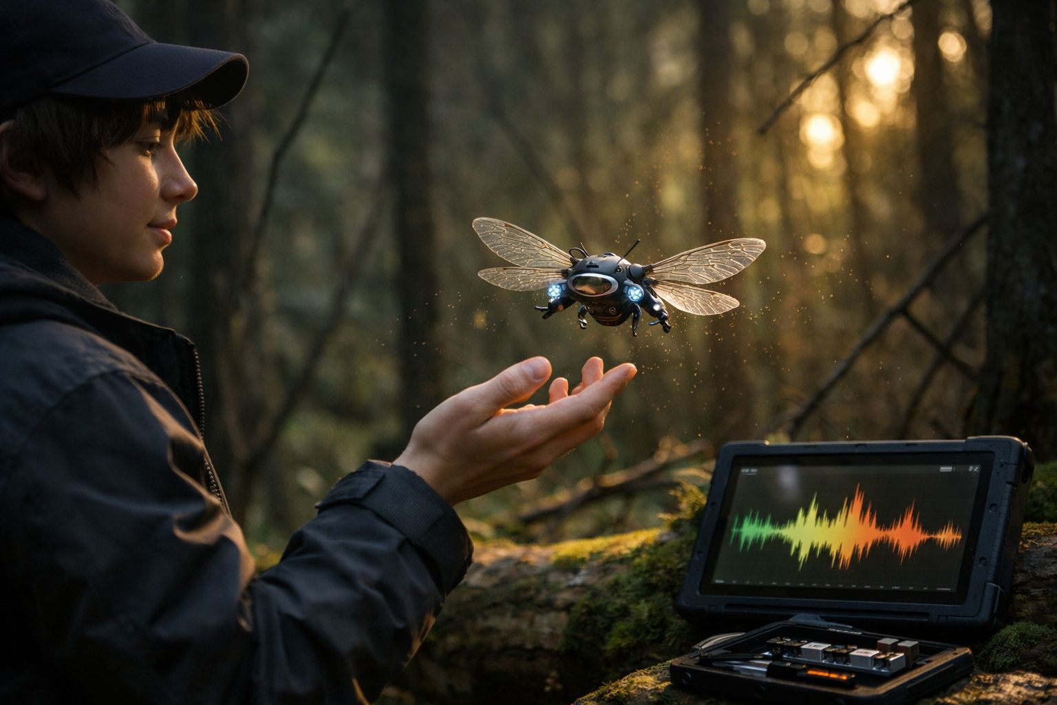 Rapaz interage com robô em forma de libélula numa floresta ao entardecer, próximo de tablet com gráfico sonoro.