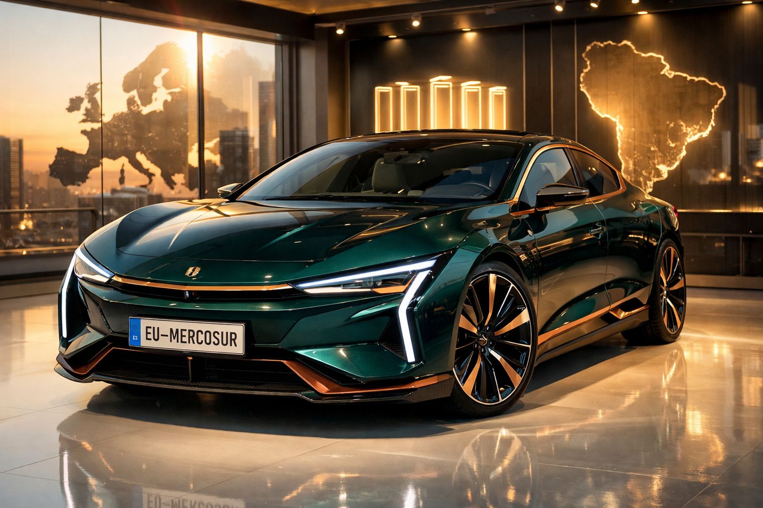 Carro elétrico verde luxuoso com detalhes em cobre num showroom moderno com mapas iluminados da Europa e América do Sul.