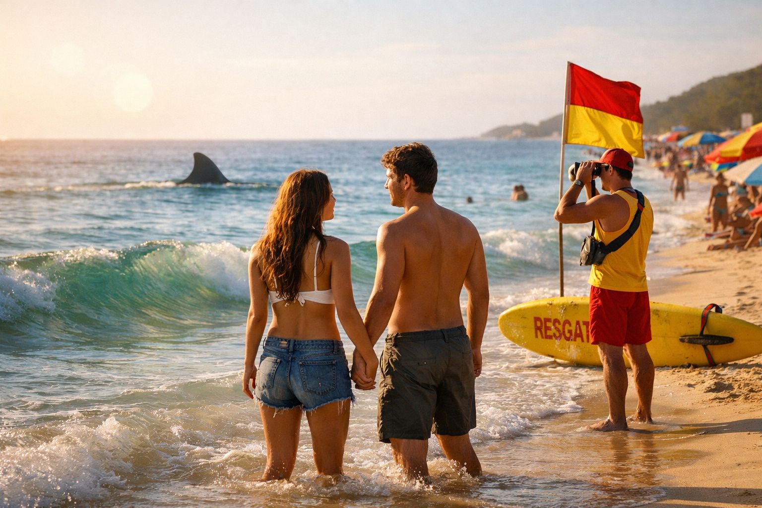 Casal na praia observa nadador com barbatana de tubarão, enquanto salvador da vida vigia com binóculos.