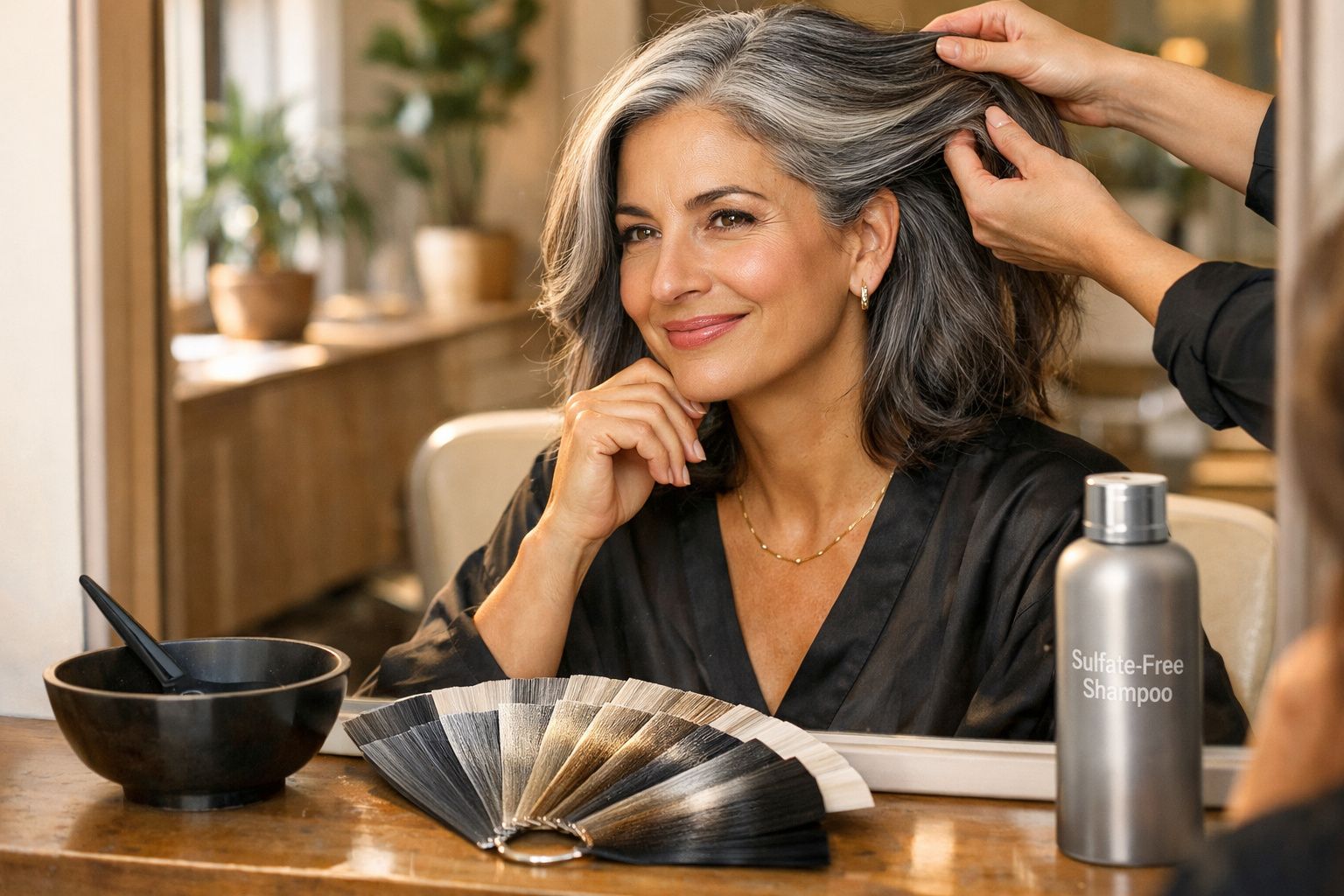 Mulher sorridente com cabelo grisalho sendo penteada, sentada à frente de um espelho num salão de beleza.