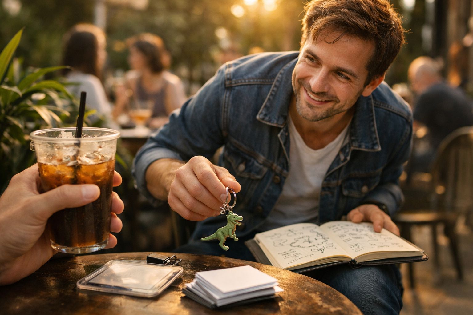 Homem sorridente mostra um chaveiro de dinossauro enquanto está sentado numa esplanada com notas à frente.
