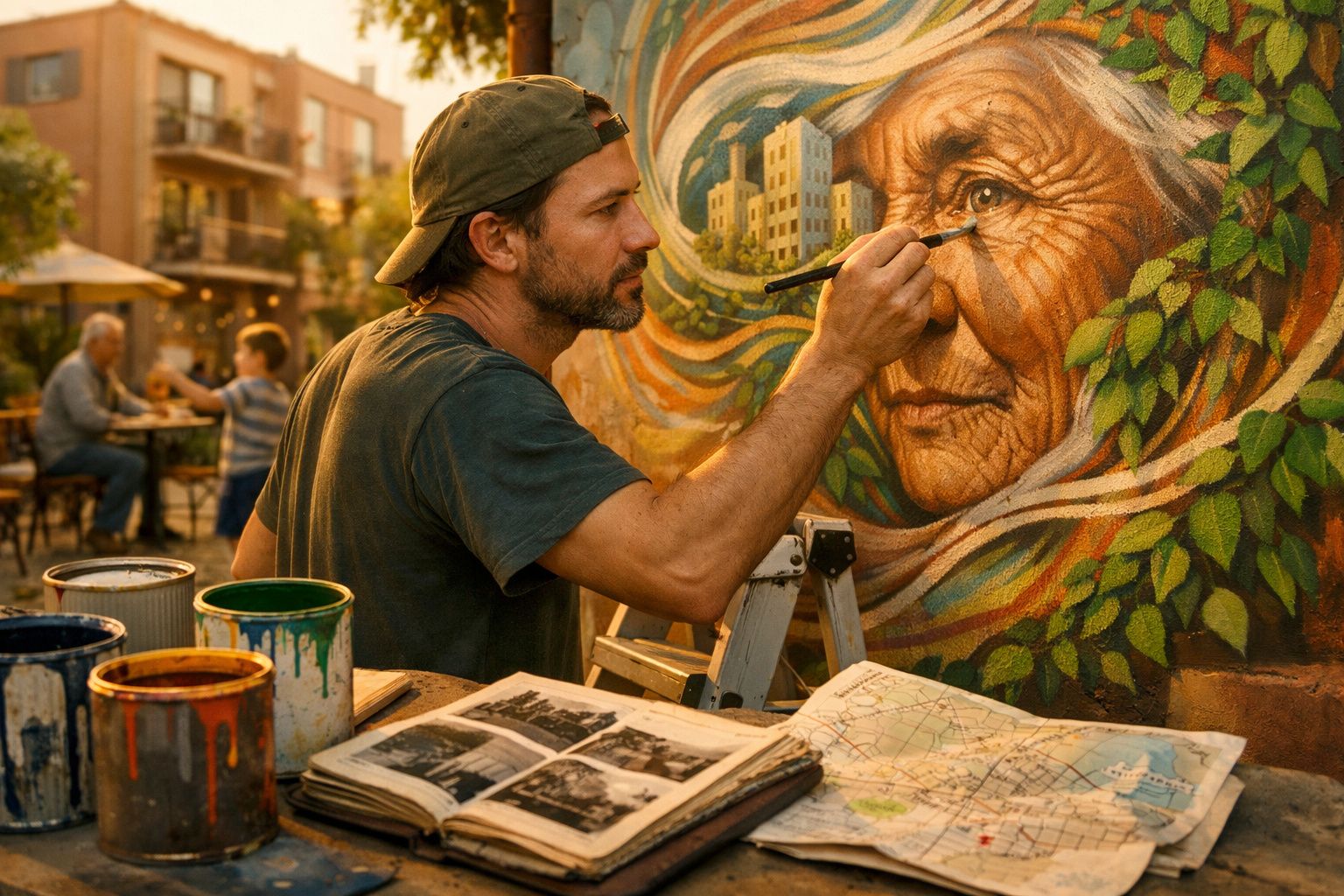 Artista pinta um mural colorido de rosto envelhecido com edifícios e folhas num ambiente urbano ao entardecer.