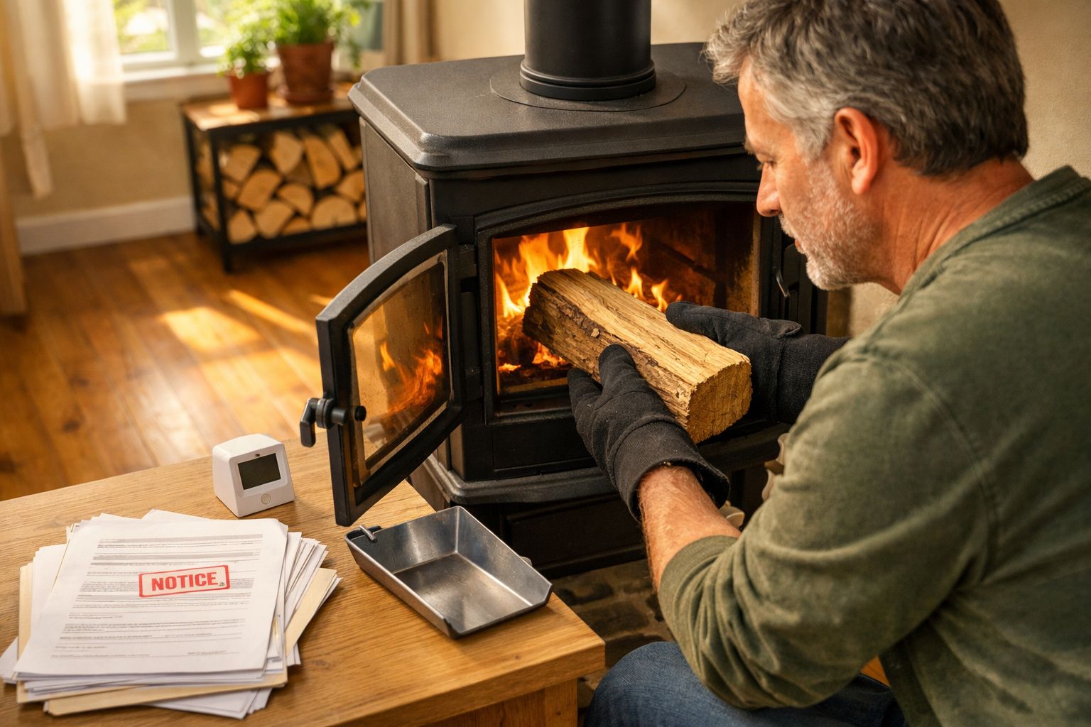 Homem a colocar lenha numa salamandra acesa numa sala com chão em madeira.