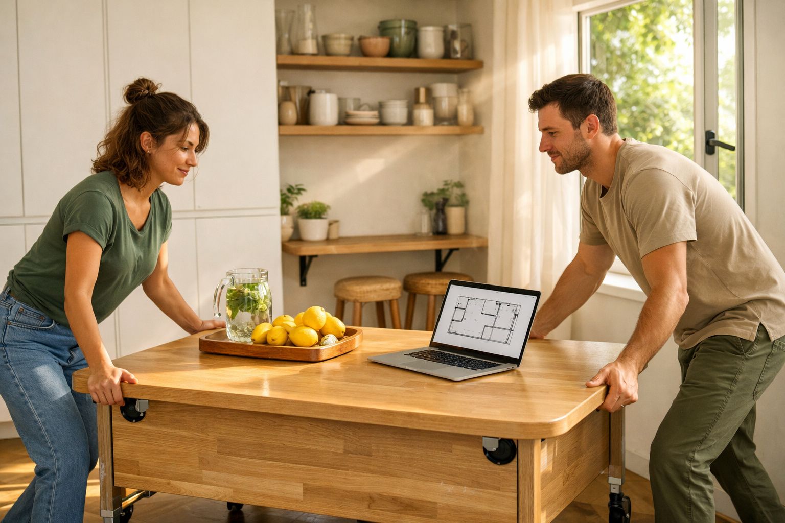 Homem e mulher a moverem uma mesa de madeira com um computador portátil e uma jarra de limonada.