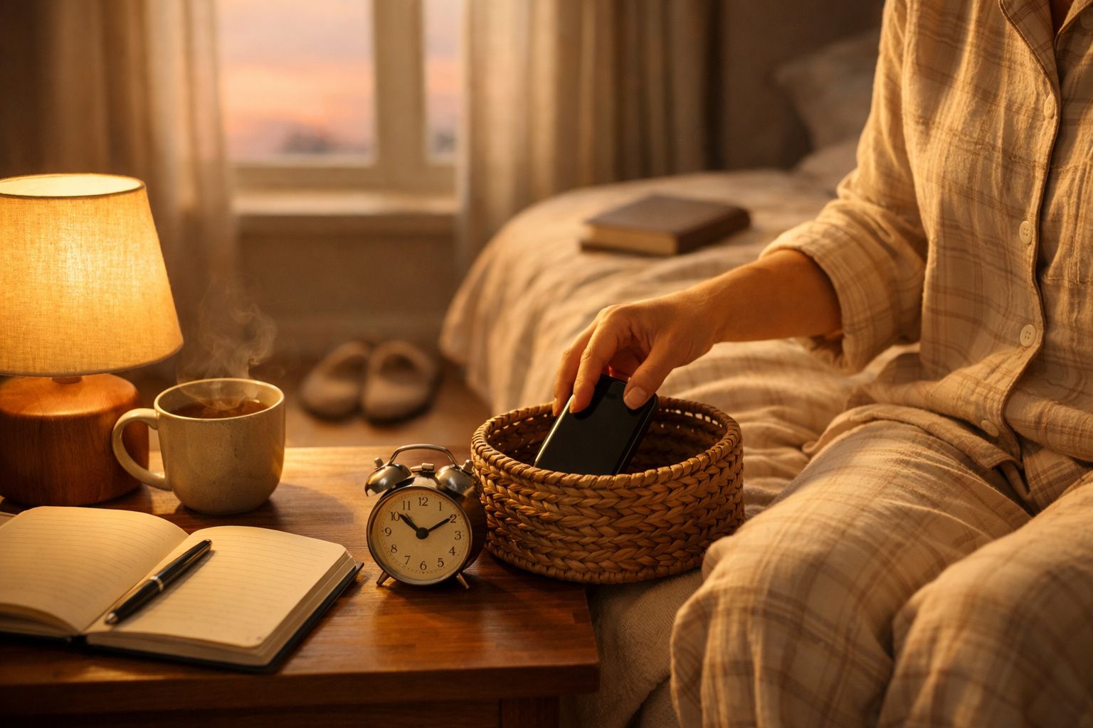 Pessoa em pijama a colocar telemóvel numa cesta, ao lado de mesa com livro, caneta, relógio e chá quente numa manhã acolhedor