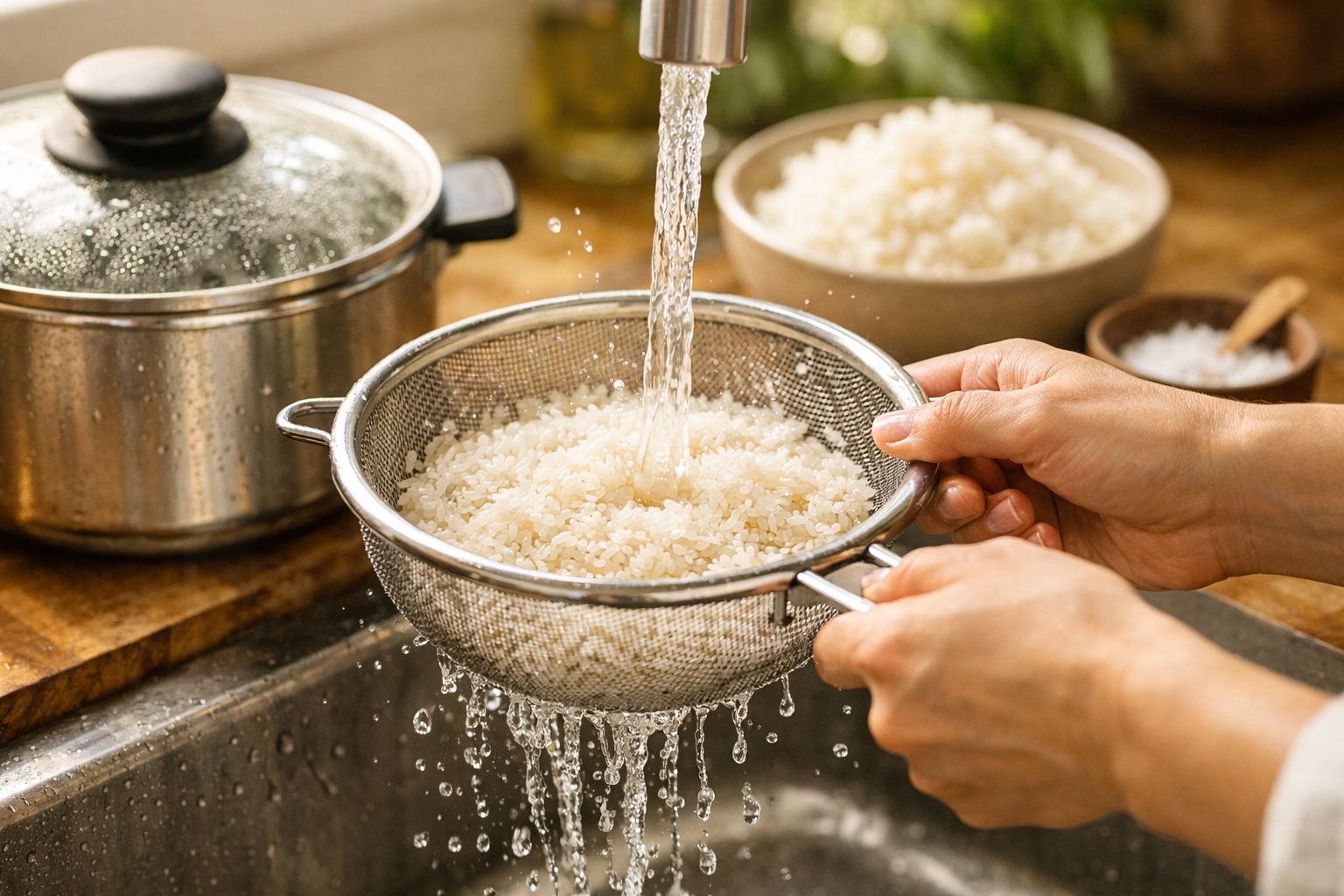 Mãos a lavar arroz numa peneira de metal sob água corrente numa cozinha com panela e tigela ao fundo.