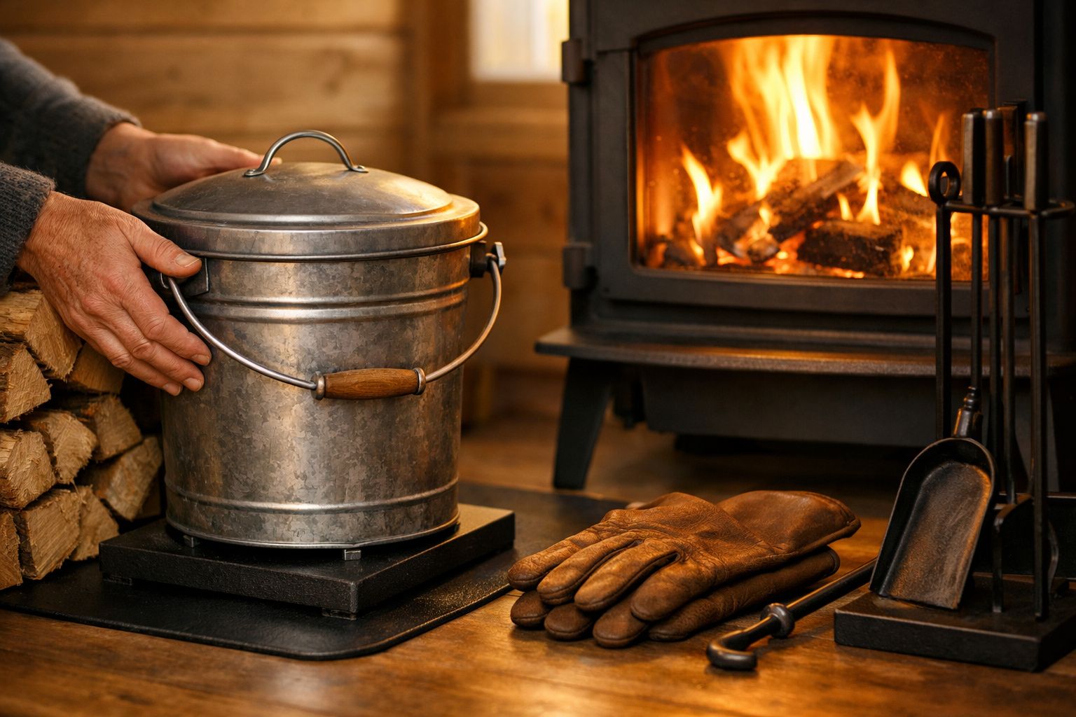 Mãos a pousar balde metálico junto a lareira acesa, luvas de couro e acessórios de limpeza próximos.