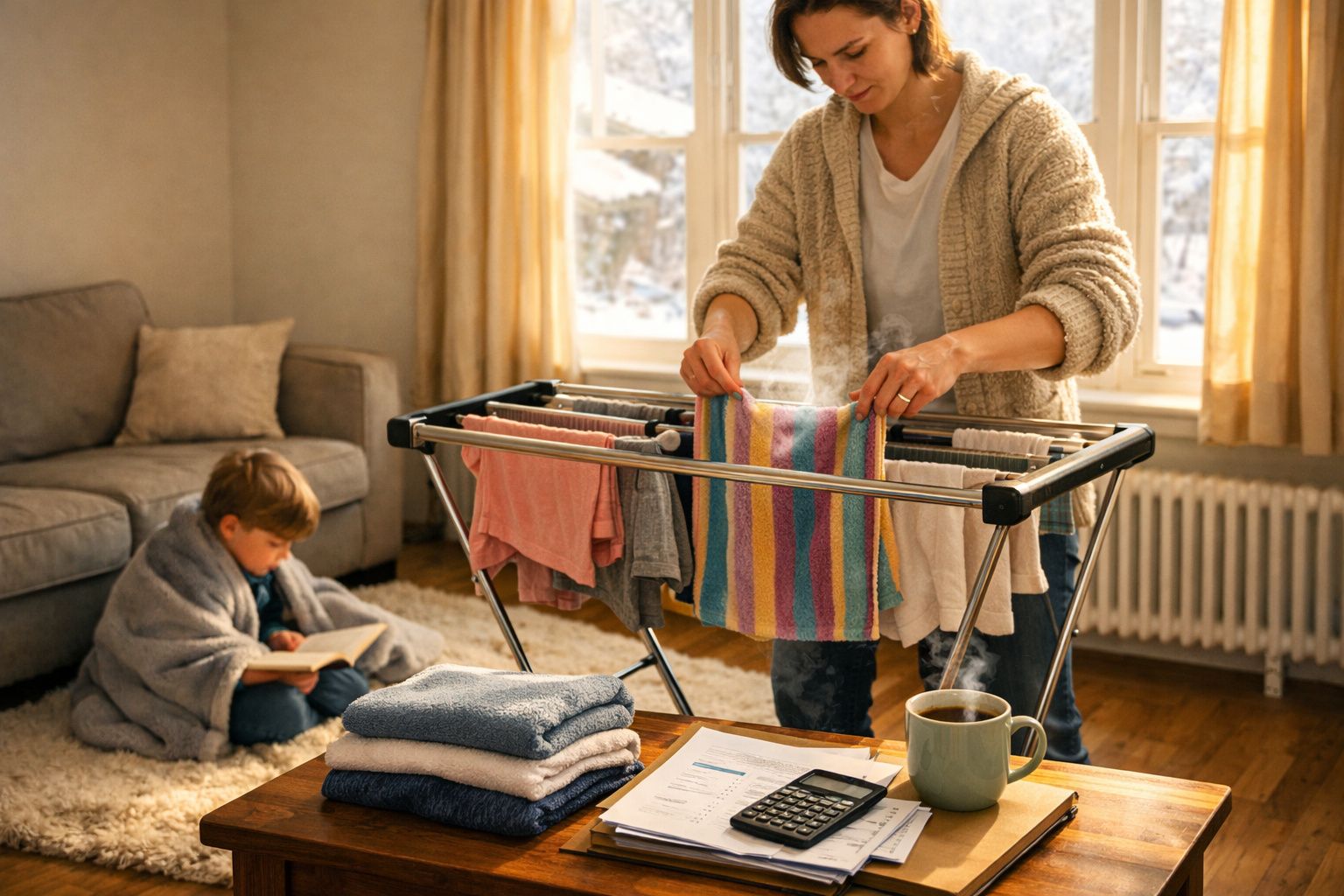 Mulher a estender roupa num varal dentro de casa, com criança a ler enrolada numa manta no chão.