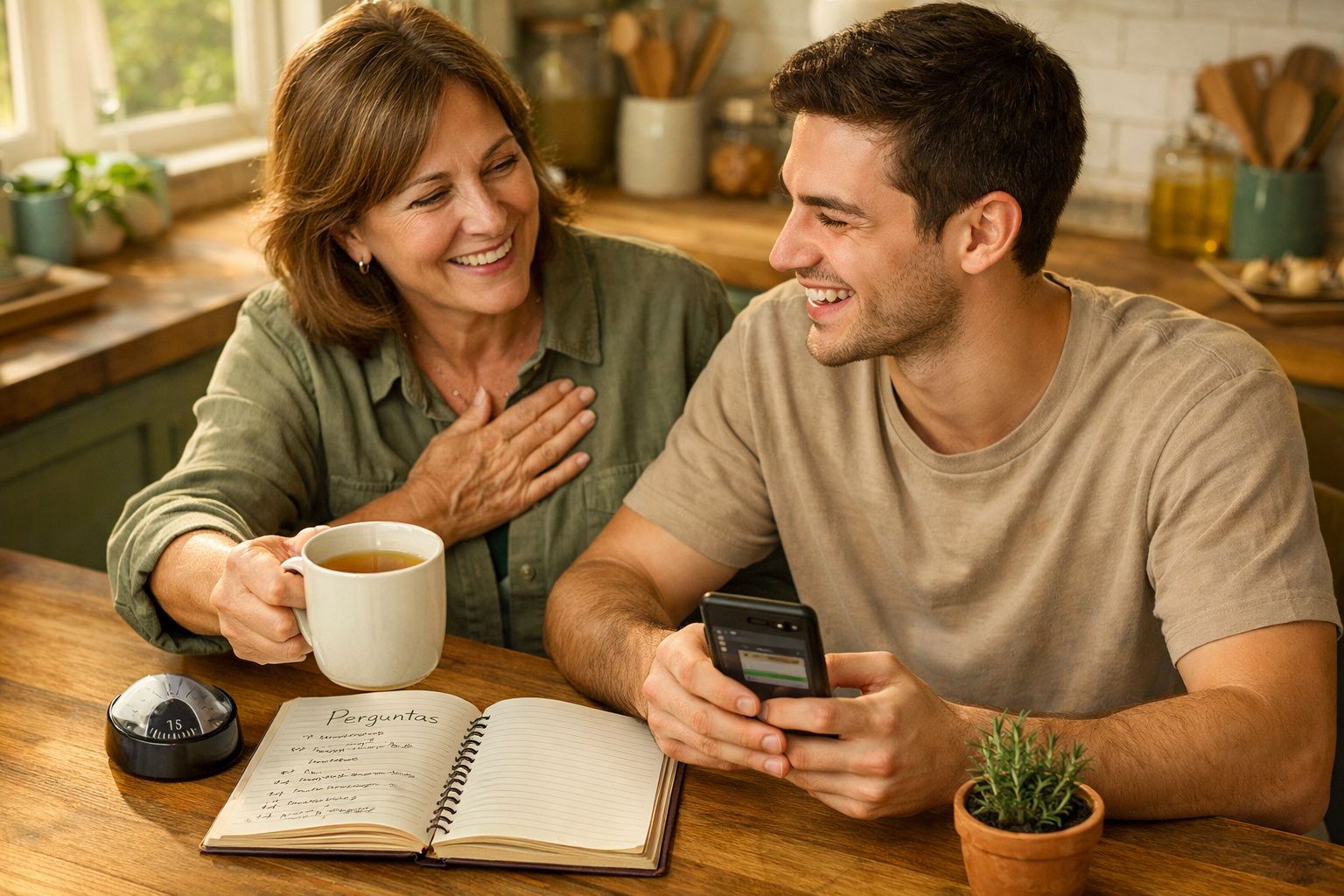 Mulher e homem sorridentes a conversarem numa cozinha com chá, telemóvel e caderno sobre a mesa.