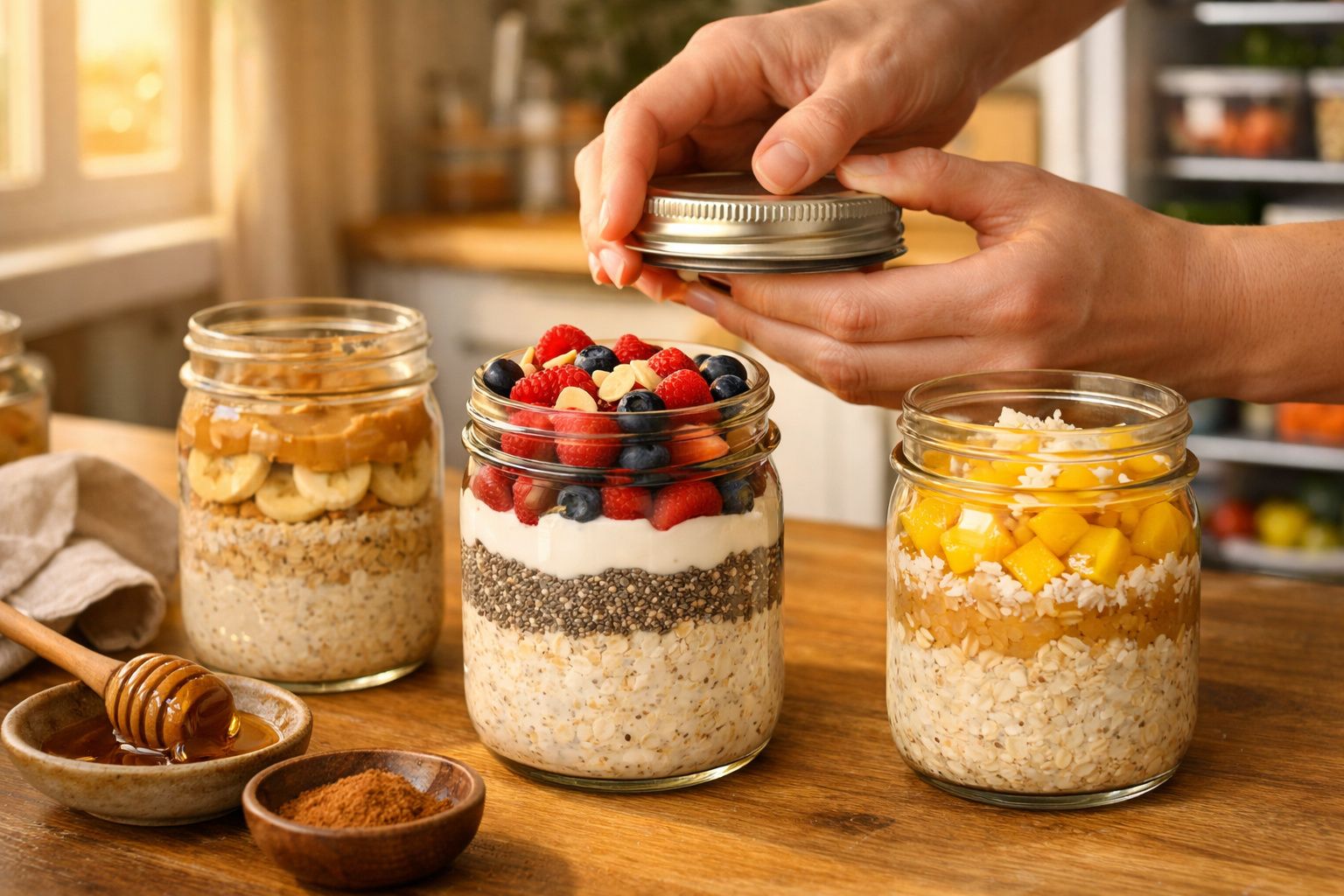 Três frascos com aveia, frutas e sementes numa bancada de cozinha, mãos a fechar um dos frascos.