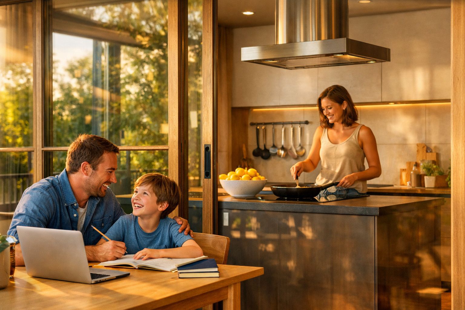 Homem e menino estudam juntos à mesa enquanto mulher cozinha na cozinha moderna iluminada.