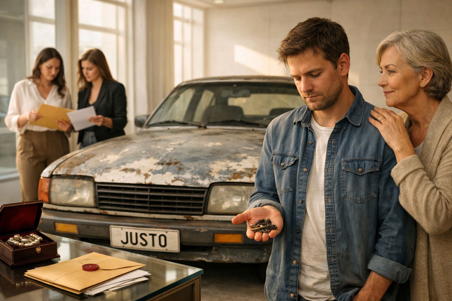 Homem recebe chaves de carro antigo, senhora ao lado apoia-o, duas mulheres discutem documentos ao fundo.