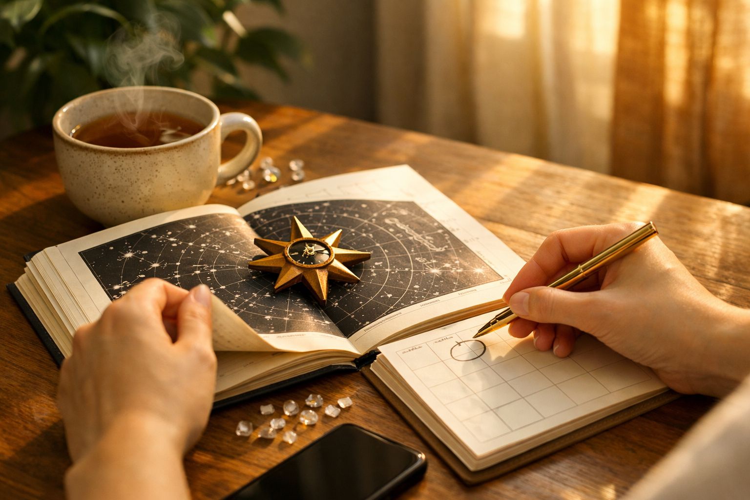 Pessoa a riscar datas num calendário ao lado de um livro aberto com um mapa estelar e uma bússola em forma de estrela.