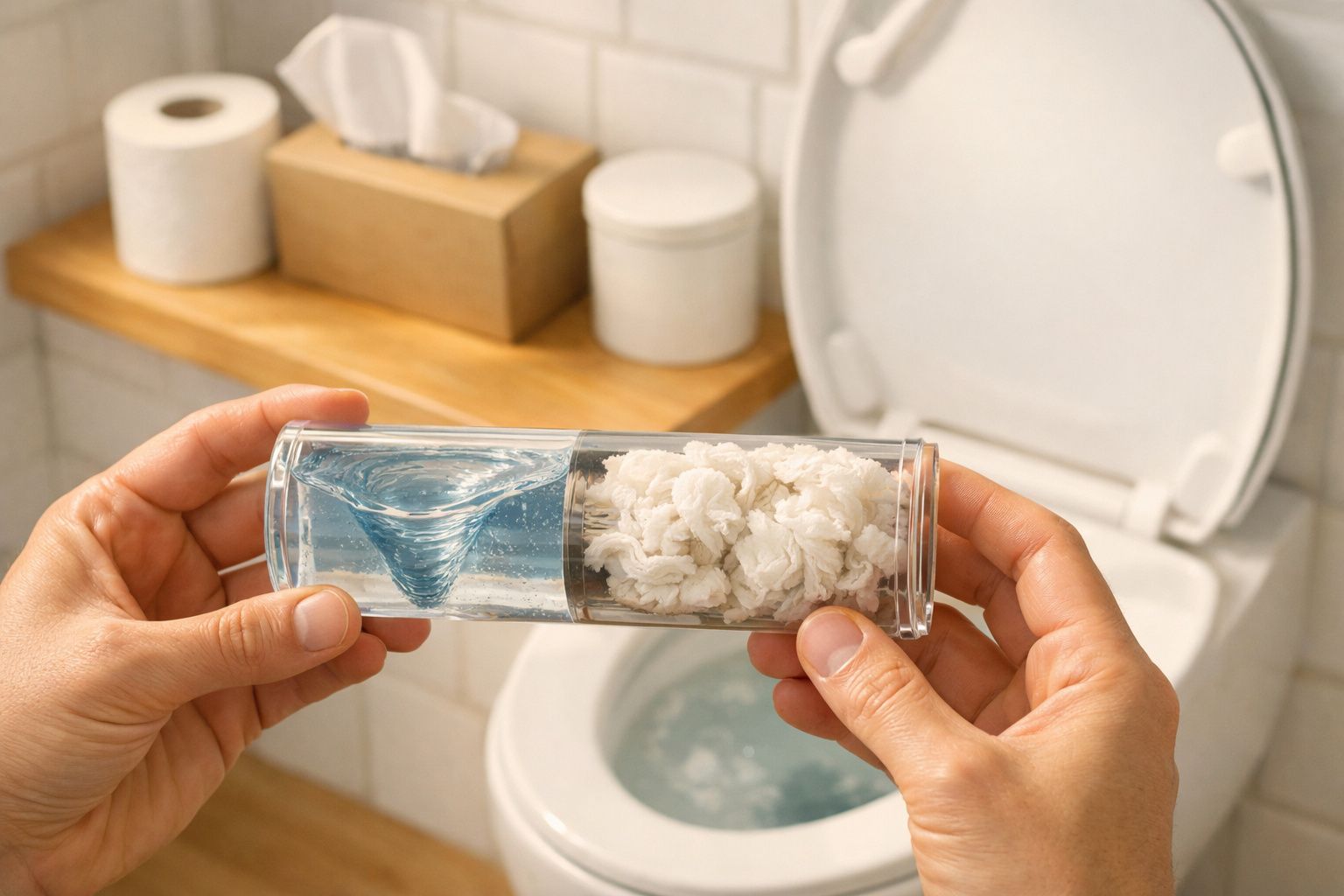 Mãos a segurar filtro transparente com água e resíduos brancos, com sanita e produtos de higiene ao fundo.