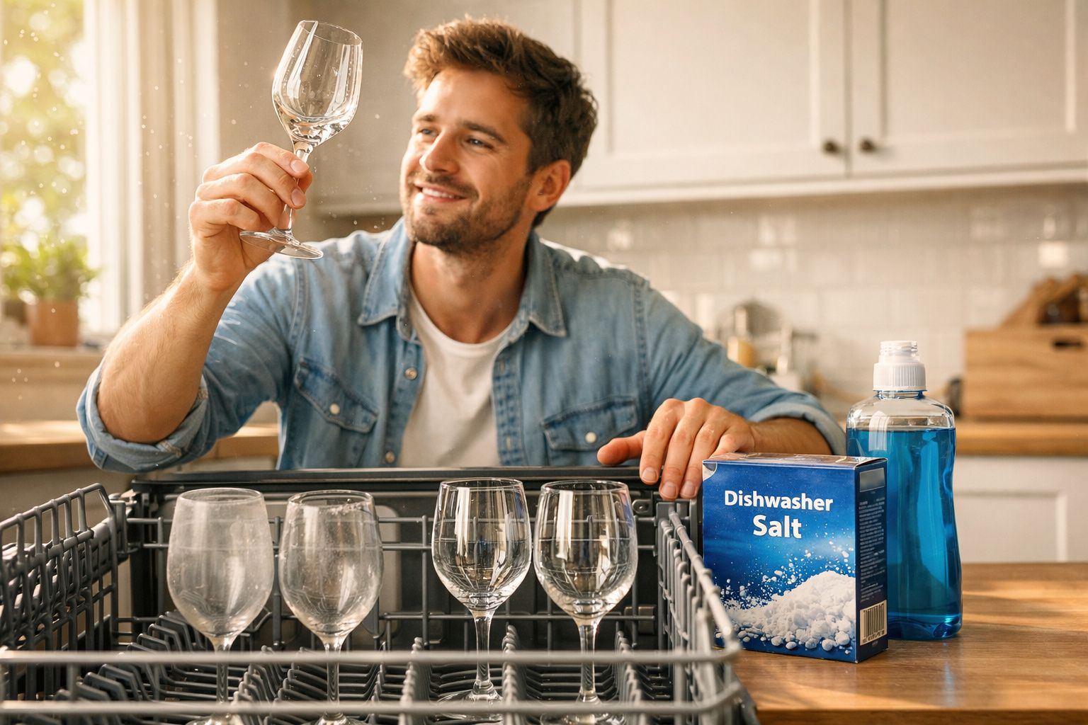 Homem a inspecionar copo limpo retirado da máquina de lavar loiça na cozinha moderna.