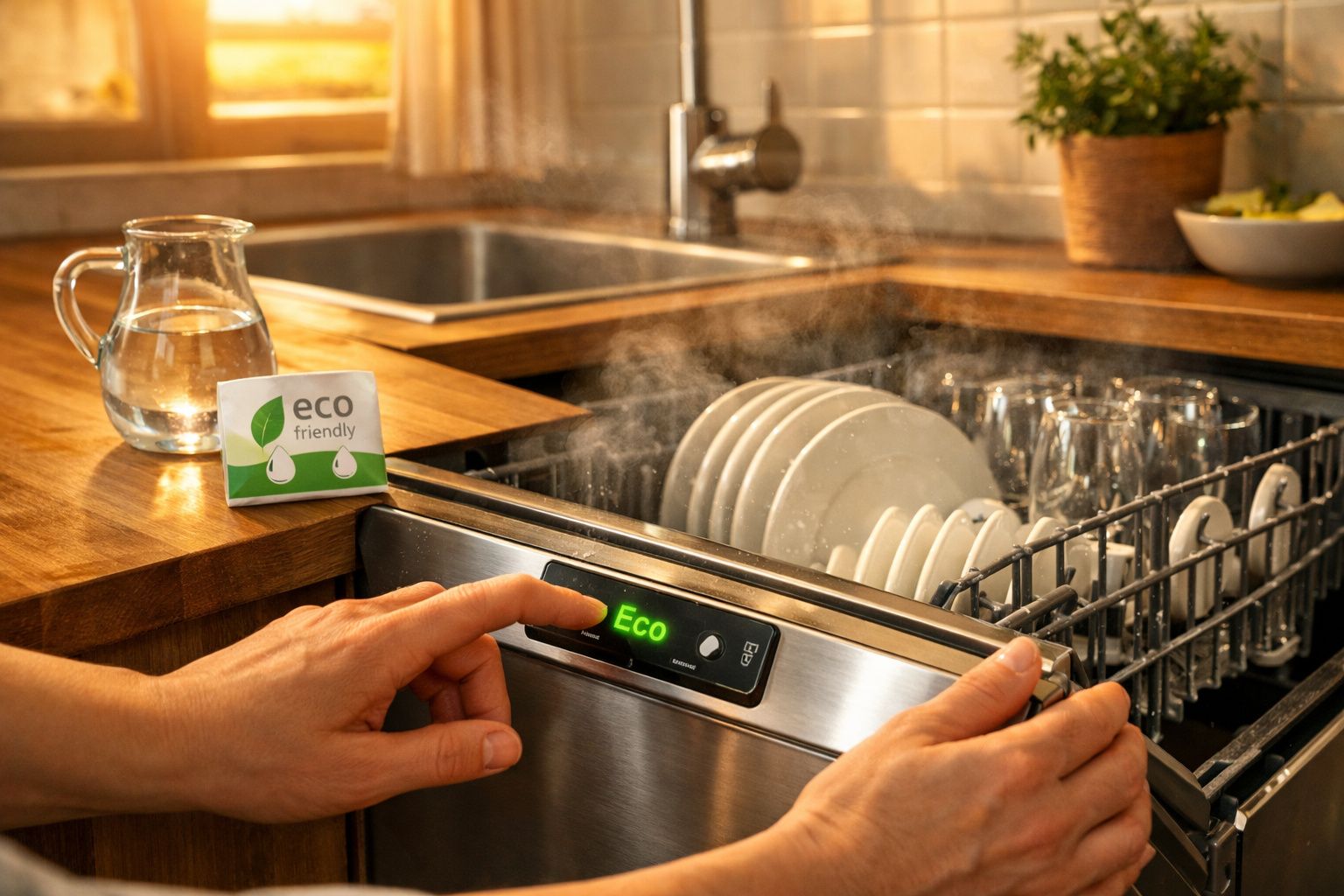 Pessoa a ligar máquina de lavar loiça com função eco num ambiente de cozinha moderna.