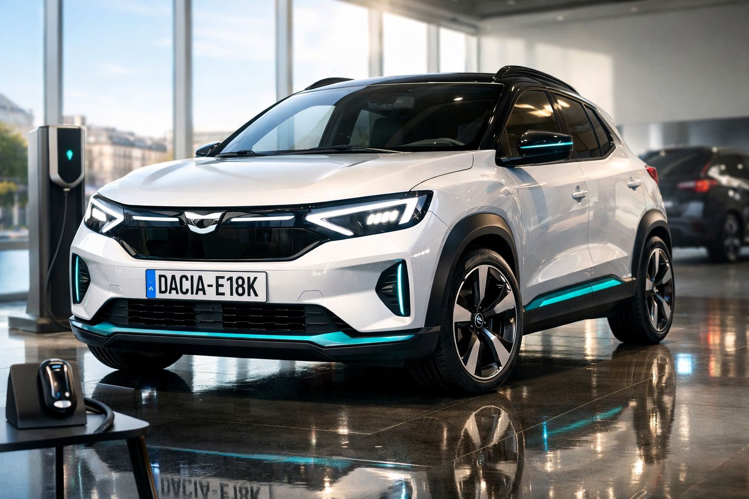 Carro elétrico branco Dacia Jogger E-Tech 2024 em exposição, carregando numa estação de carregamento.