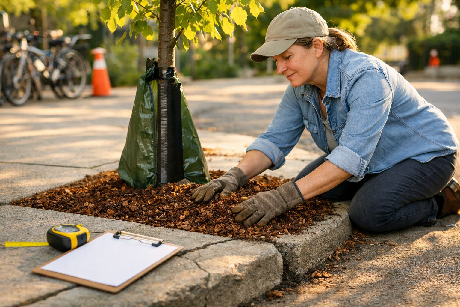 Mulher a cuidar da base de uma árvore jovem com terra e aparas de madeira na calçada.