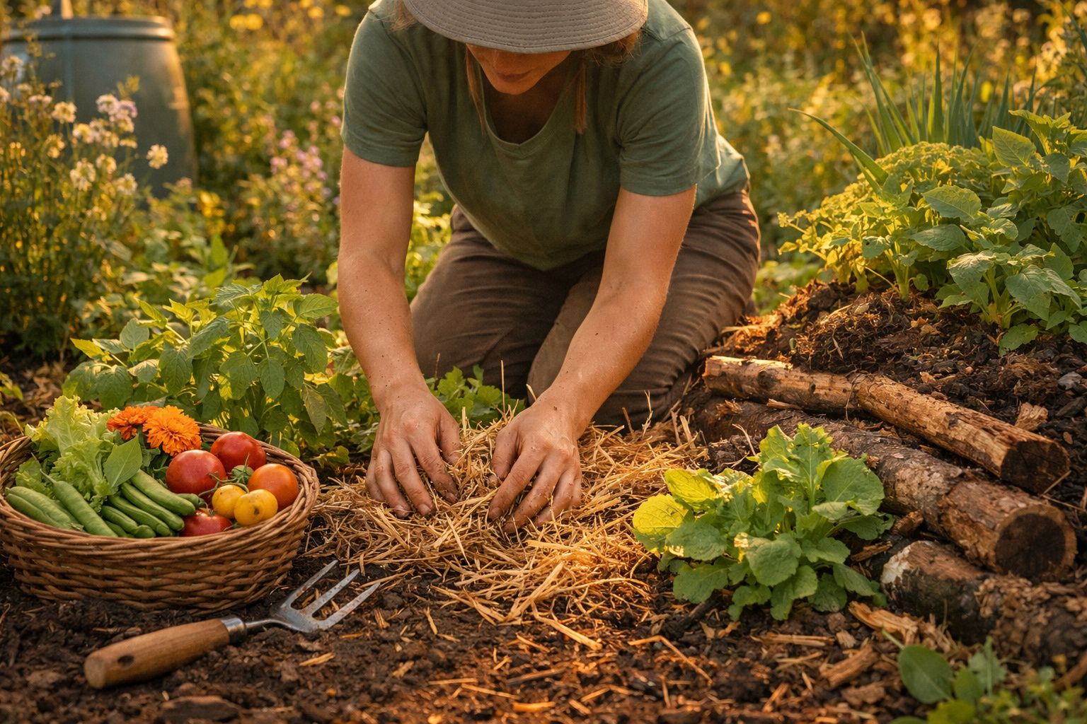 Pessoa a cuidar de uma horta com legumes frescos e ferramenta de jardim ao lado, ao entardecer.