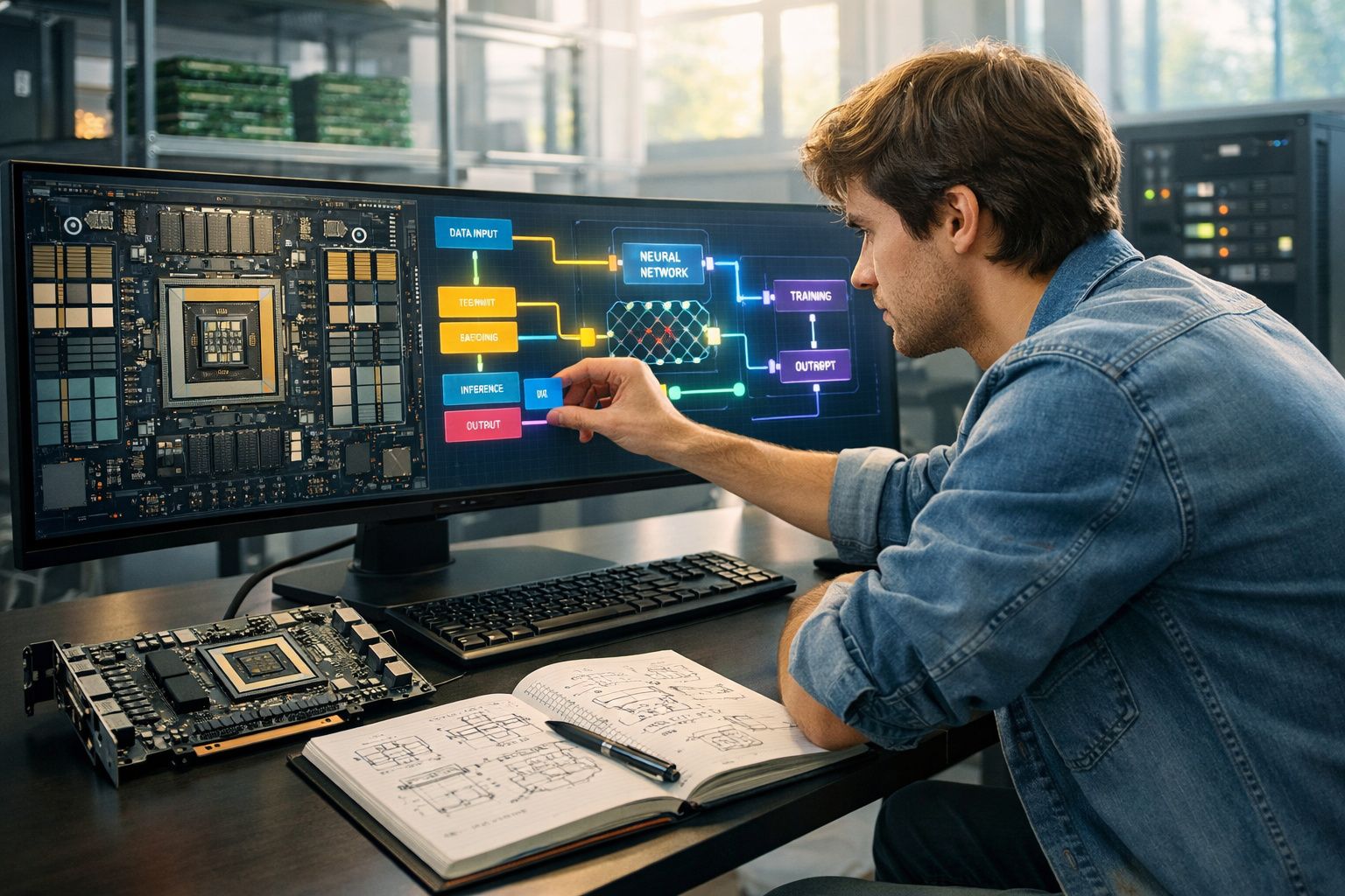 Homem a analisar esquema de rede neural e hardware num ecrã, com notas técnicas num caderno aberto.