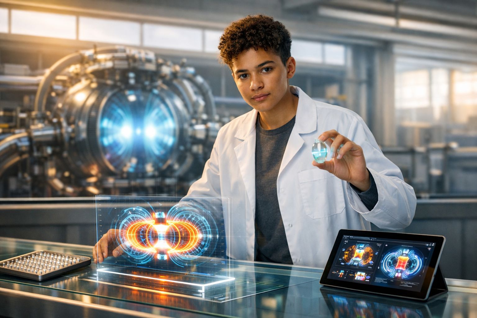 Cientista jovem com bata branca em laboratório com equipamento tecnológico e projecção holográfica de energia.