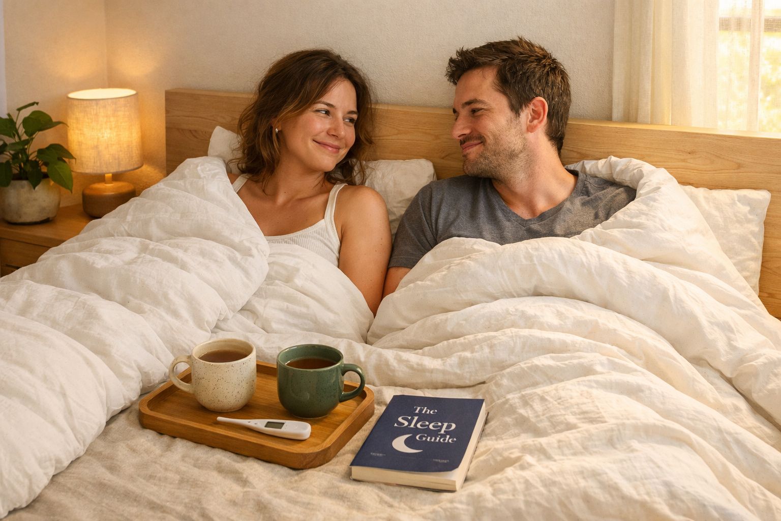 Casal sorridente deitado na cama, cobertos por um edredão branco, com chá, termómetro e livro ao lado.