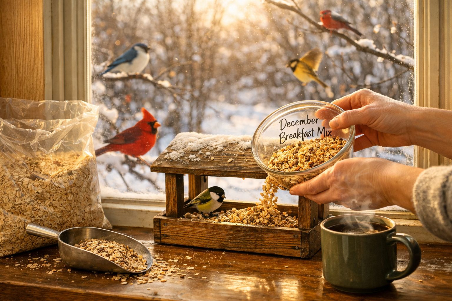 Mãos a alimentar pássaros com mistura de cereais junto a janela com neve, vários pássaros à volta, chá quente na mesa.
