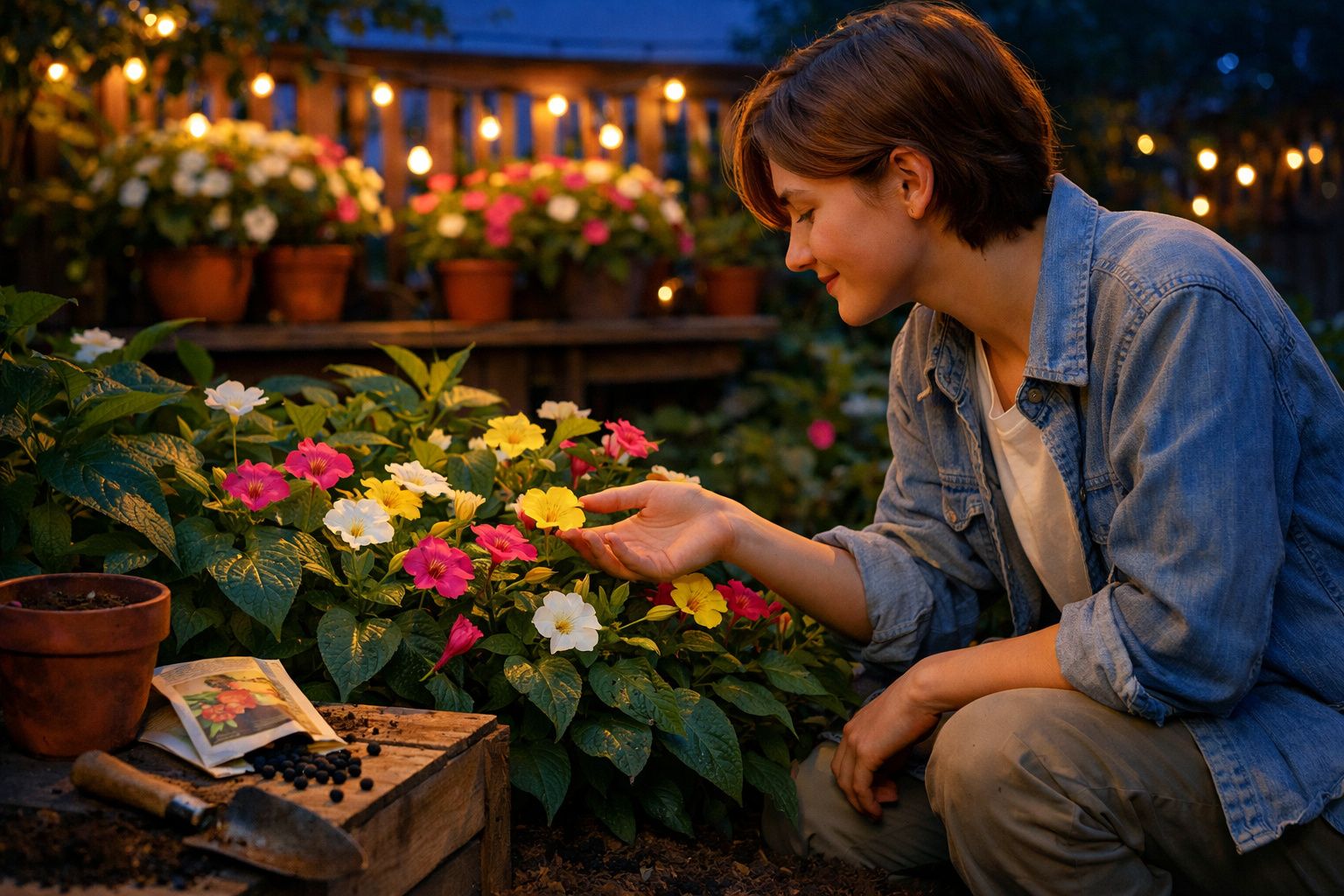 Pessoa a apreciar flores coloridas num jardim iluminado à noite.