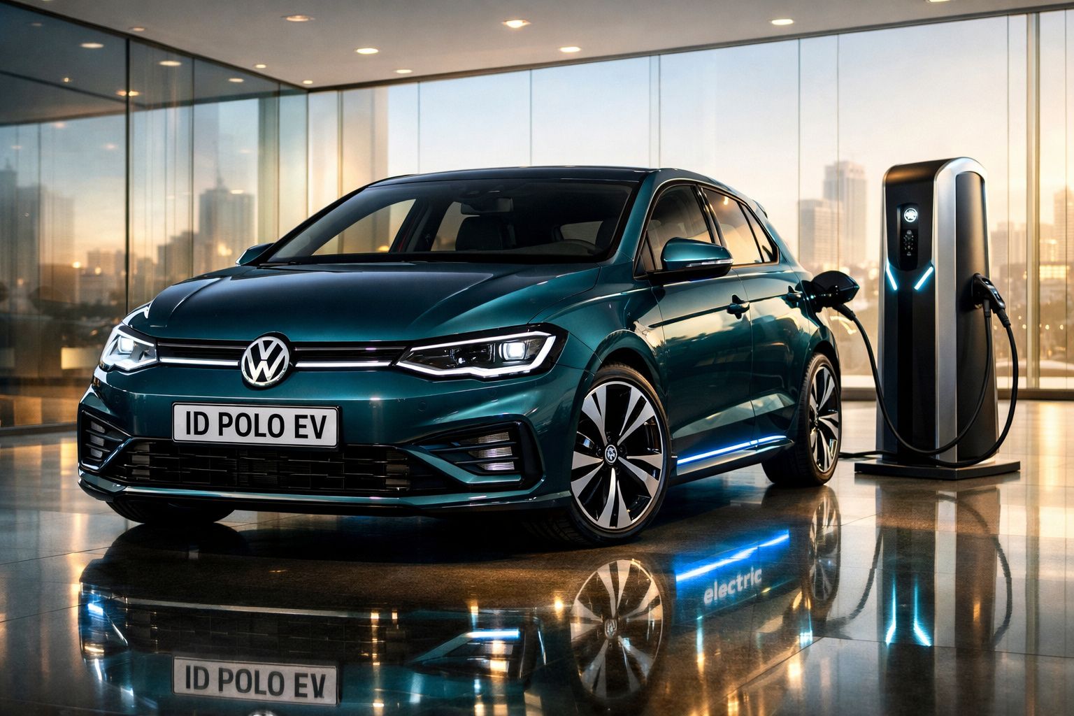 Carro elétrico Volkswagen ID Polo EV a carregar numa estação de carregamento em ambiente urbano moderno.