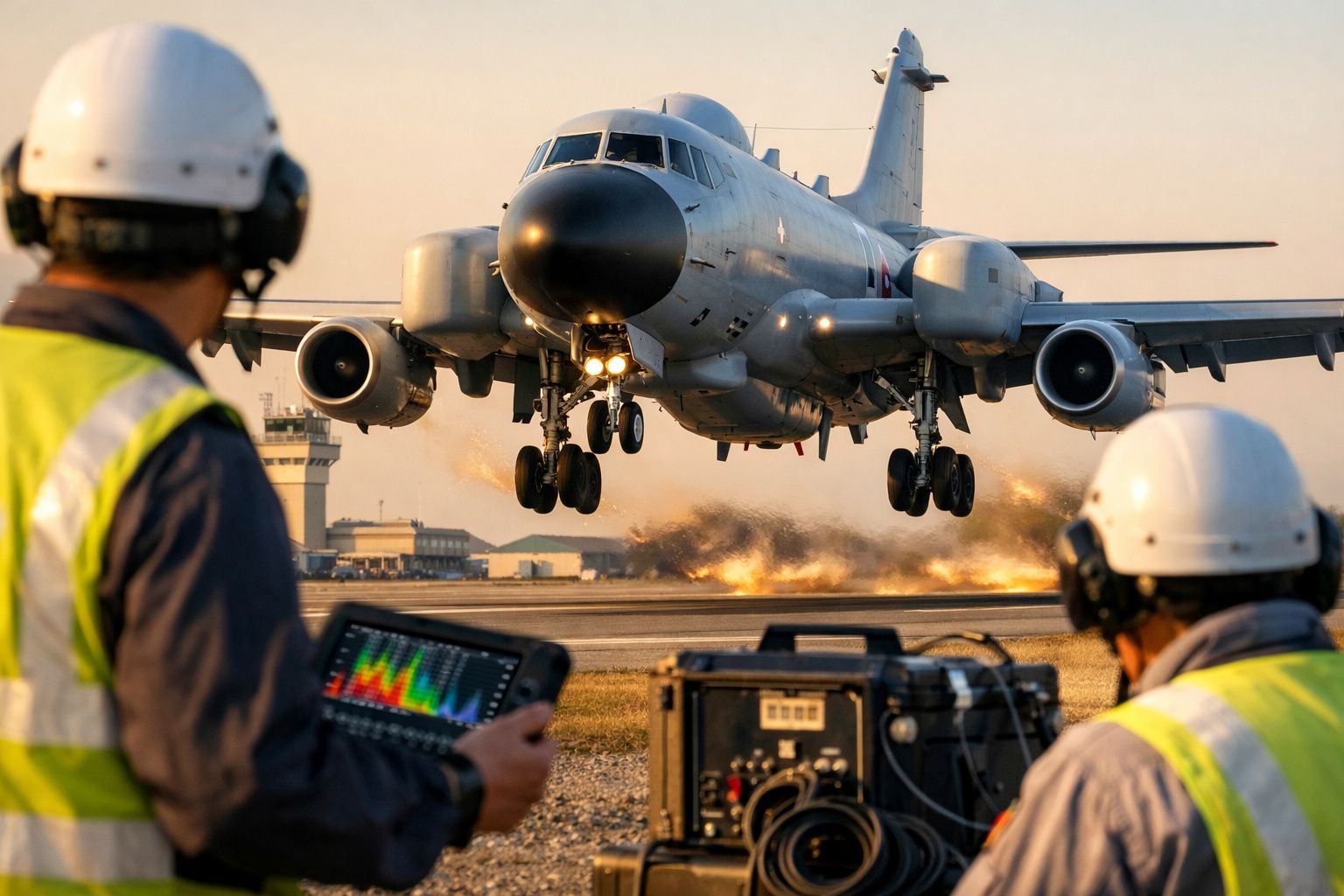 Avião militar a aterrar com explosões no solo, observado por dois técnicos com capacetes e coletes amarelos.