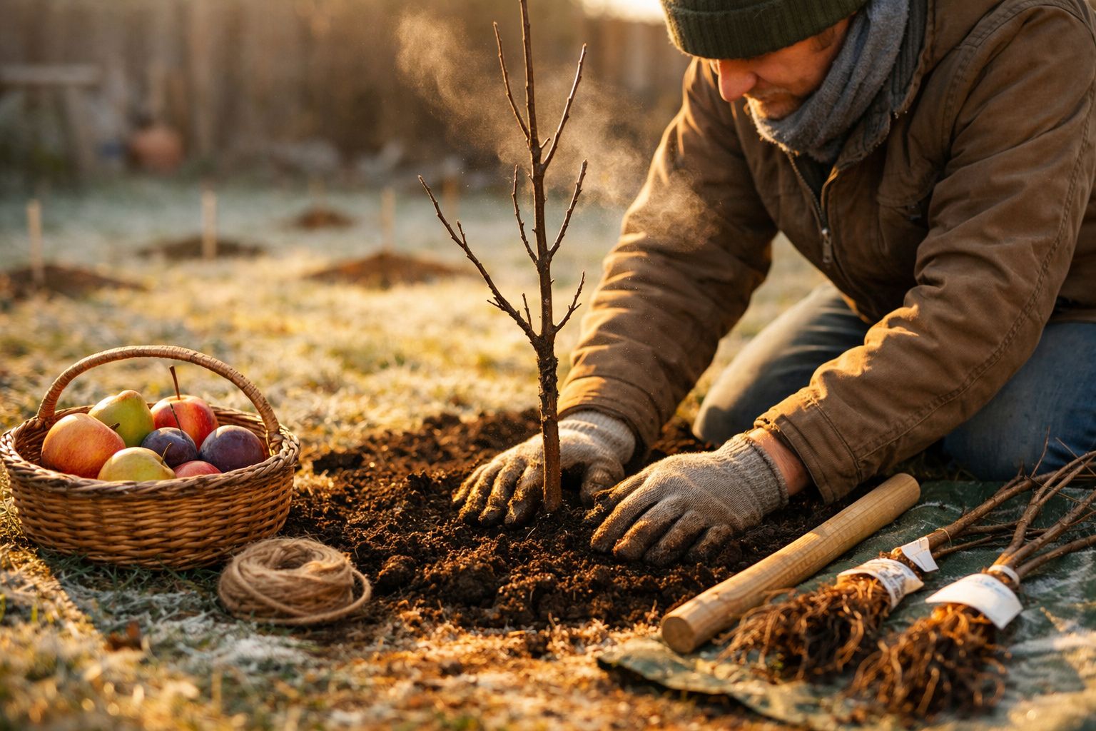 Pessoa a plantar uma muda de árvore numa horta, com cesta de maçãs e ferramentas ao lado.