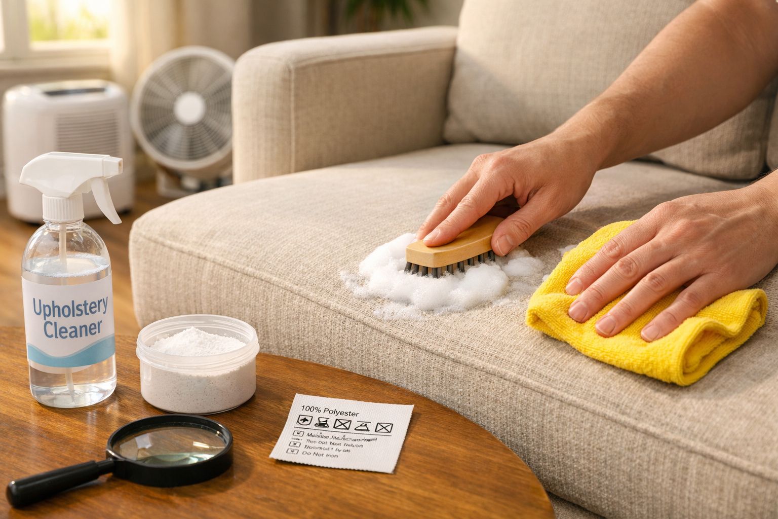 Pessoa a limpar estofos de sofá bege com escova, detergente e pano amarelo numa sala iluminada.