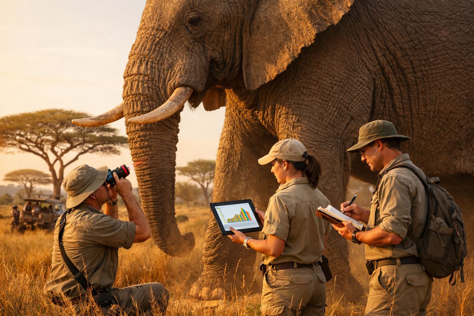 Três cientistas analisam dados num tablet e caderno junto a um elefante na savana africana ao pôr do sol.