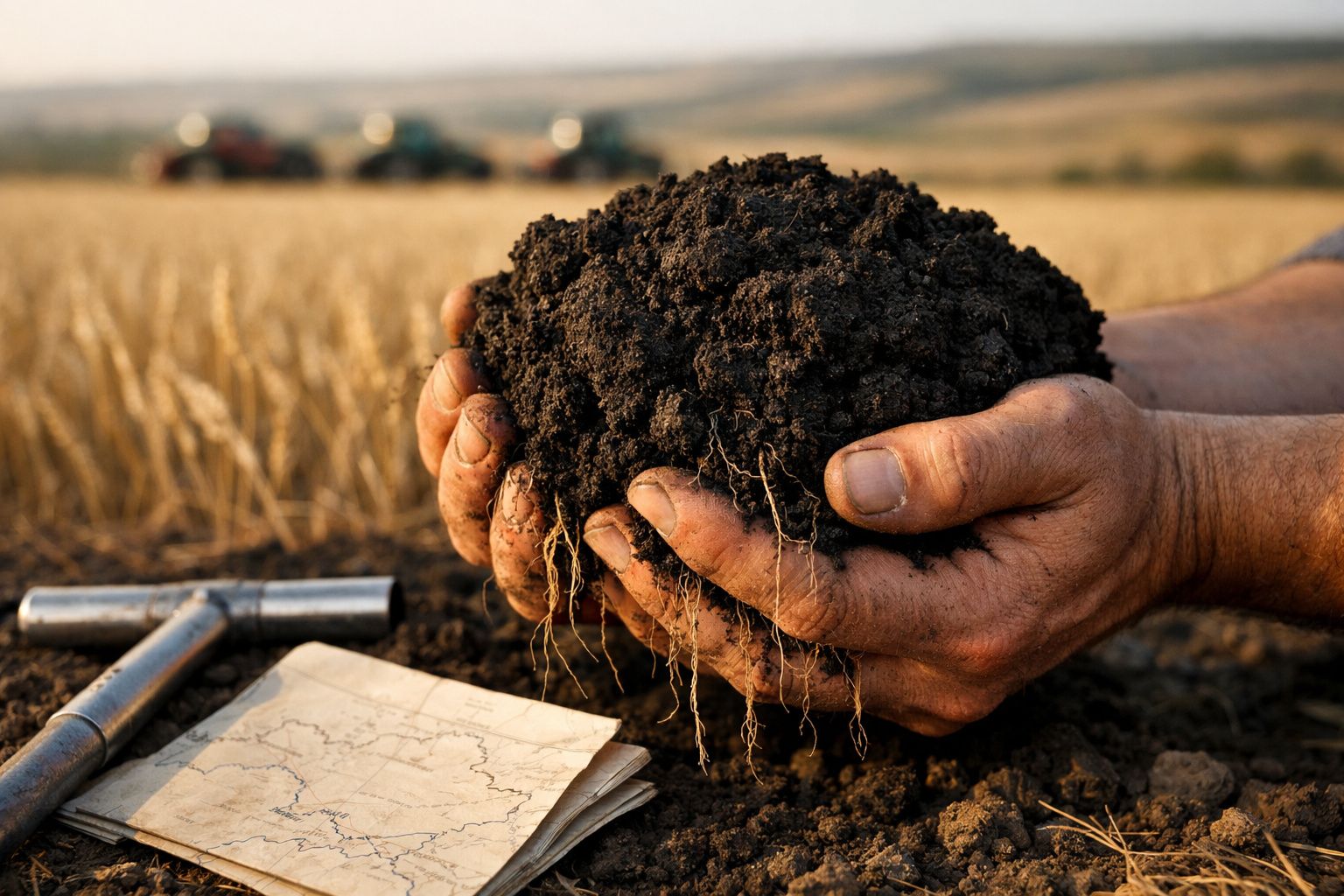 Mãos seguram terra fértil com raízes, ao lado de mapa e ferramentas num campo agrícola ao entardecer.