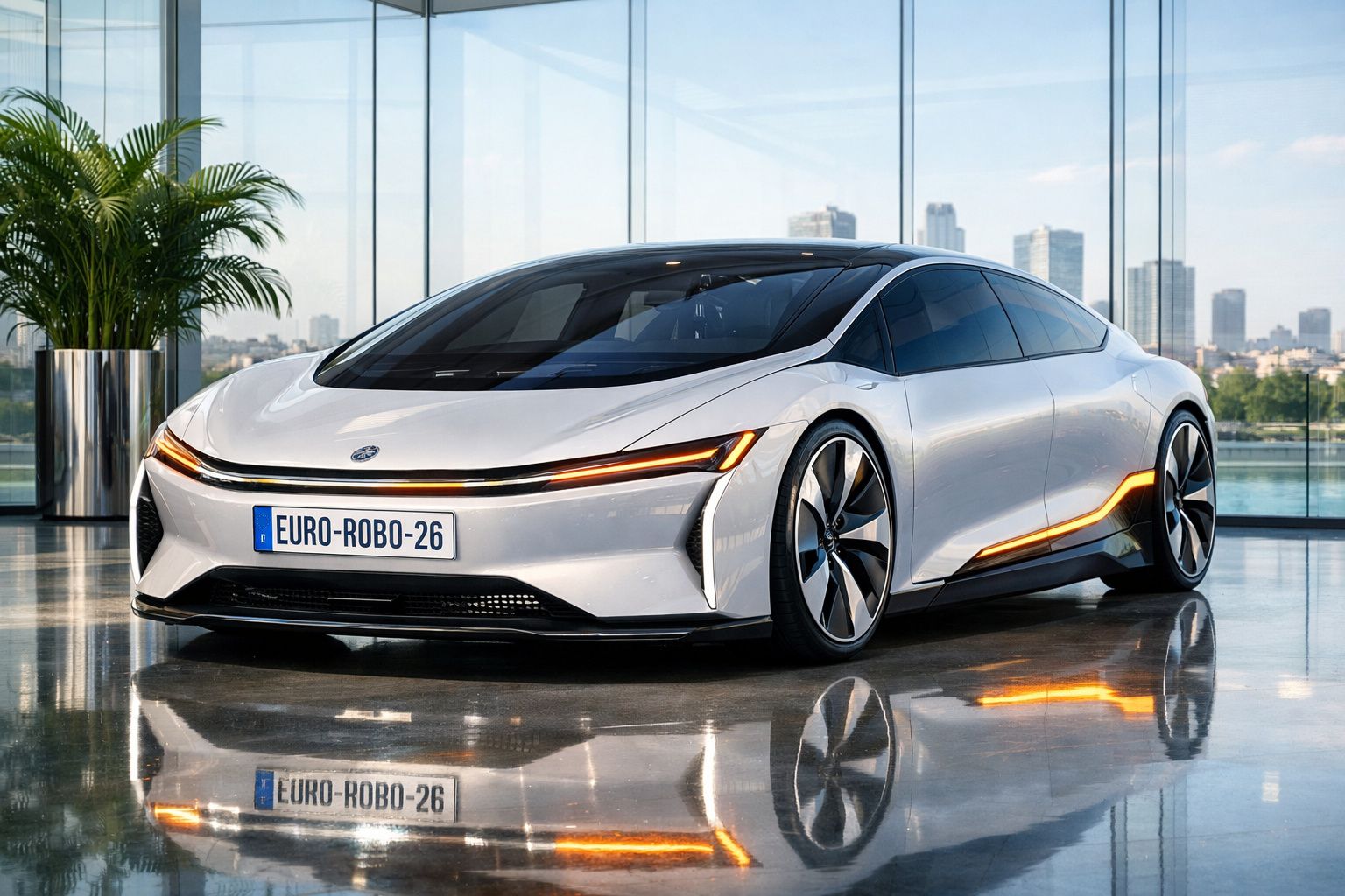 Carro elétrico desportivo branco com design futurista estacionado em piso brilhante interior com vista urbana.