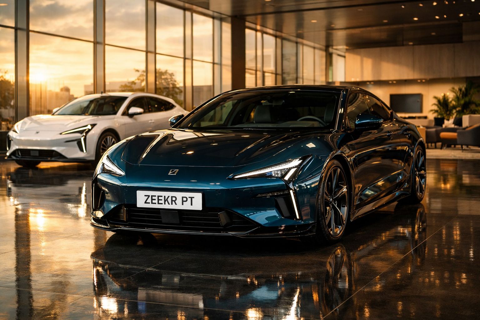 Dois carros elétricos modernos estacionados num showroom com chão espelhado e iluminação suave ao pôr do sol.