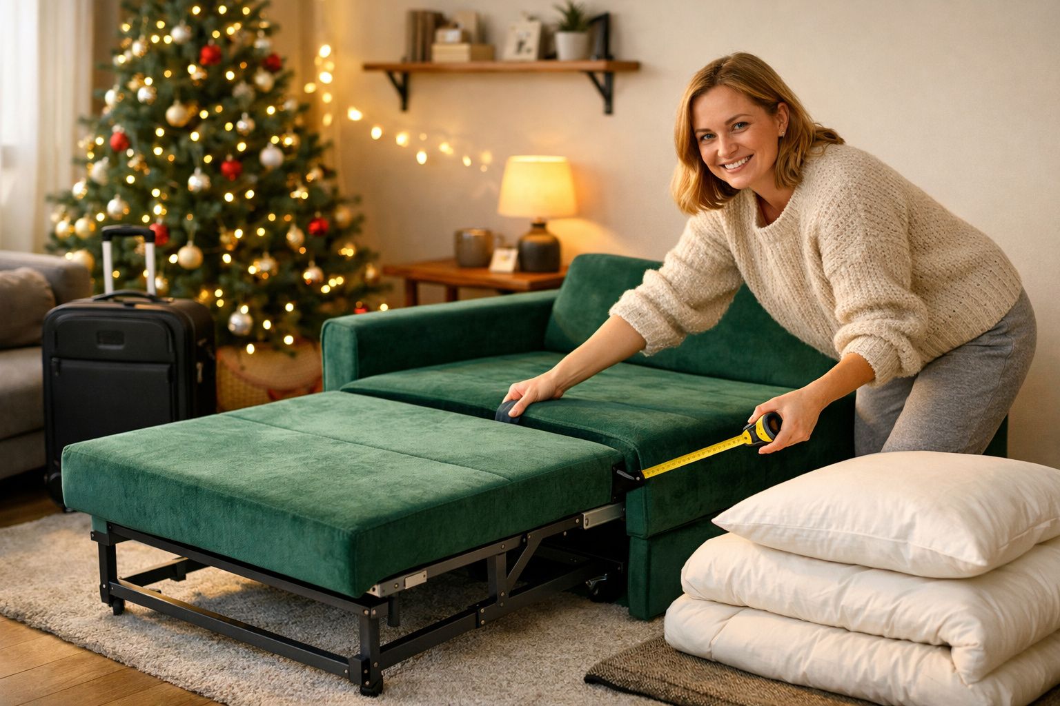 Mulher a medir sofá-cama verde numa sala decorada com árvore de Natal e malas de viagem.