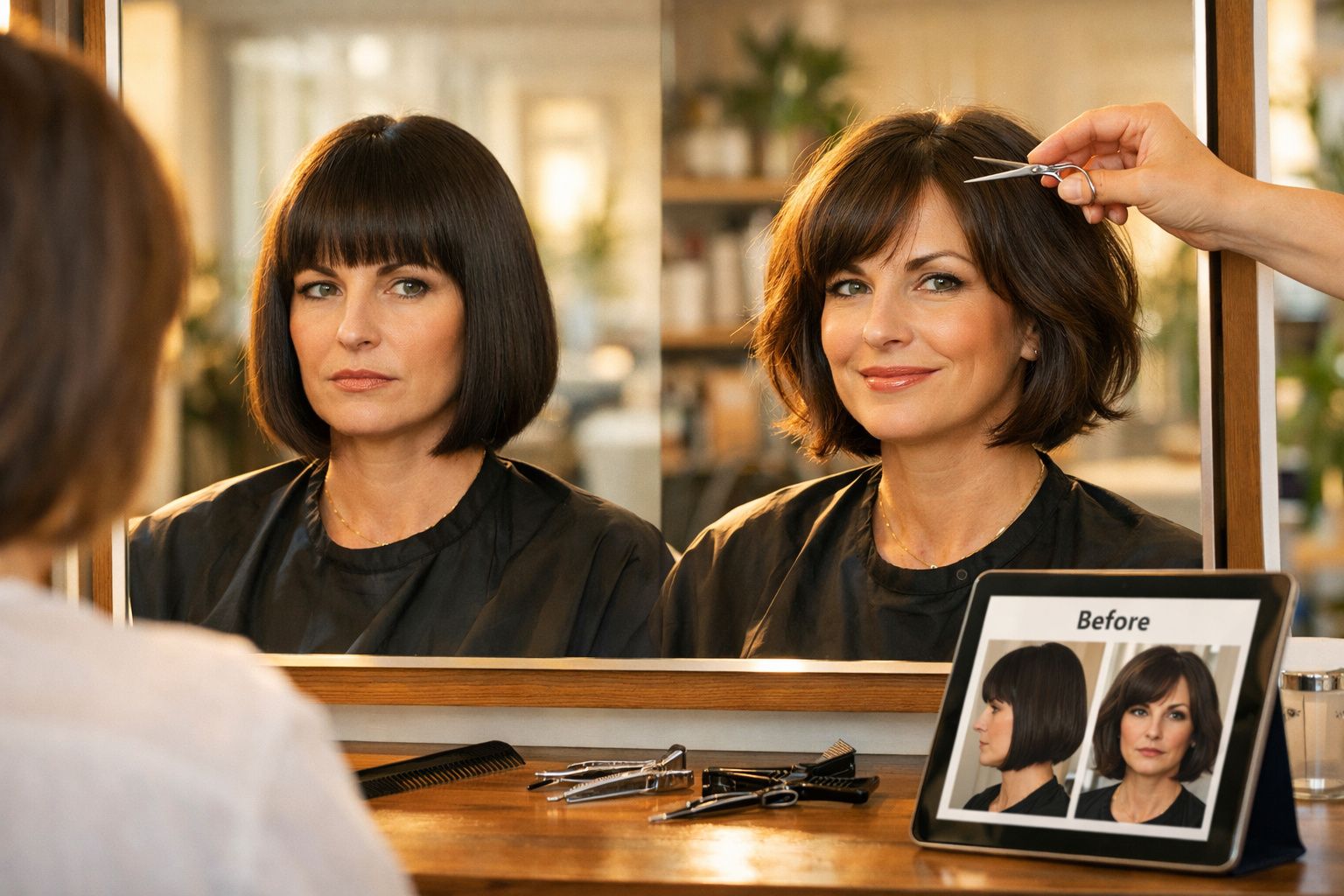 Mulher no cabeleireiro a receber corte de cabelo, com espelho refletindo a transformação antes e depois.