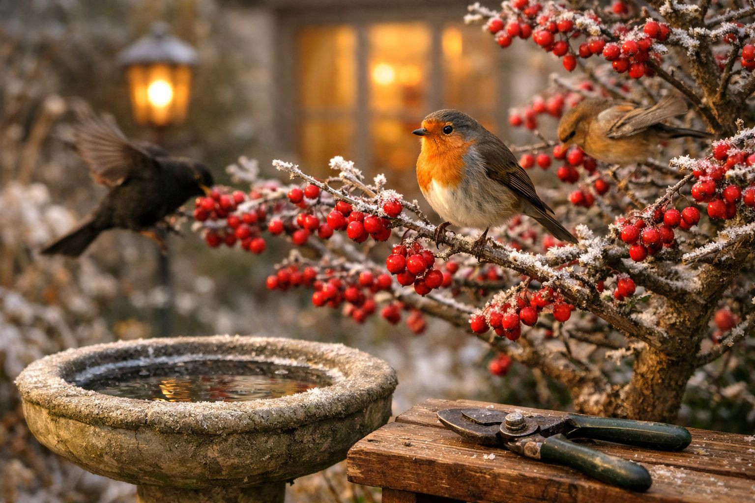 Pássaro com peito laranja numa árvore com bagas vermelhas e um bebedouro de pedra coberto de geada.