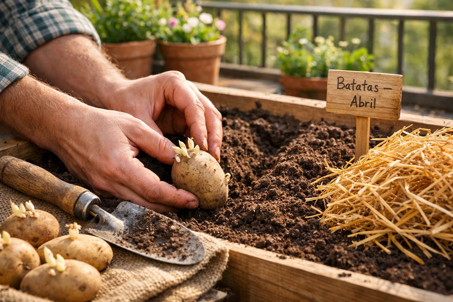 Mãos a plantar batatas com brotos em terreno, junto a placa "Batatas - Abril" e palha num canteiro.