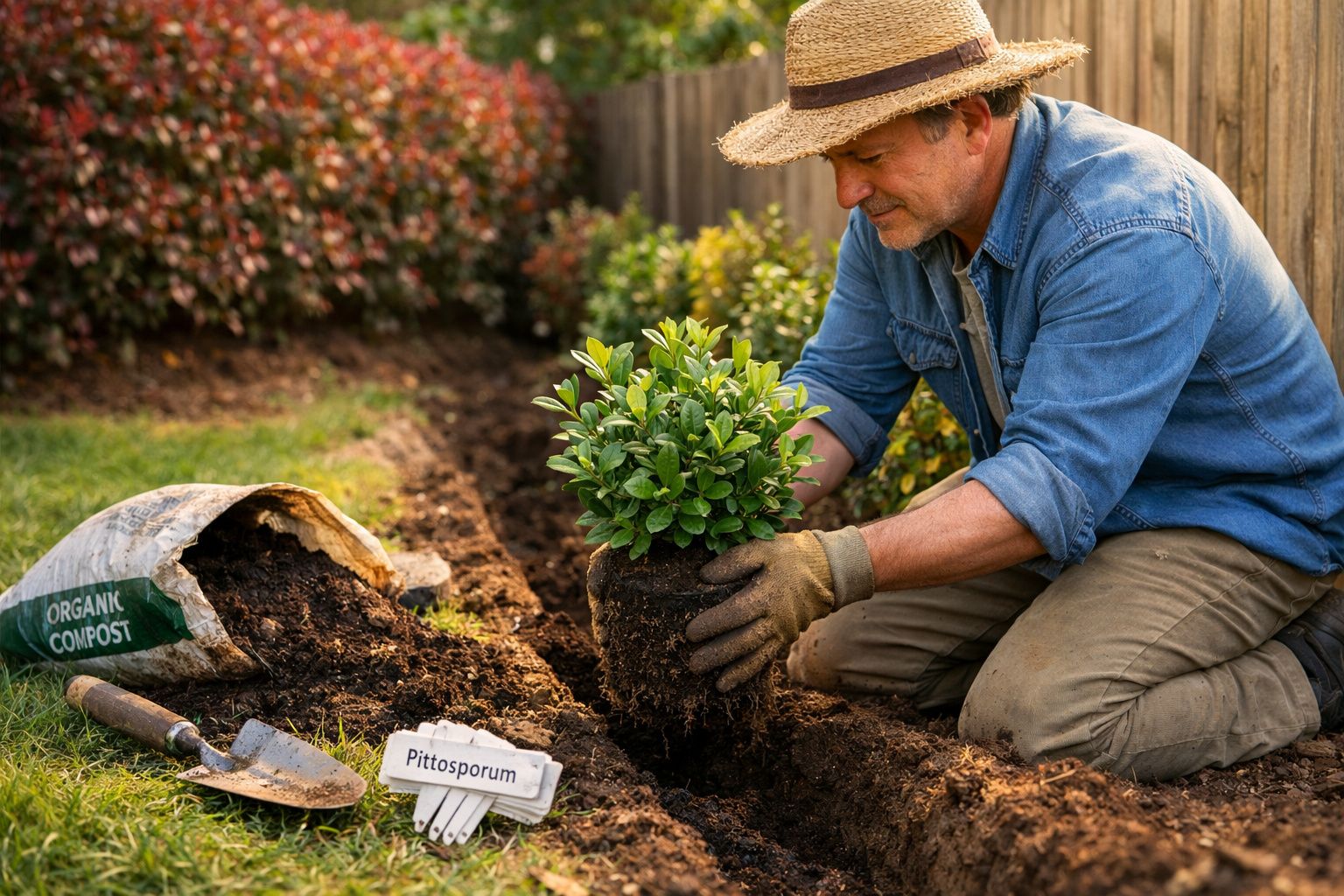 Homem a plantar arbusto Pittosporum numa horta, com saco de composto orgânico e enxada ao lado.