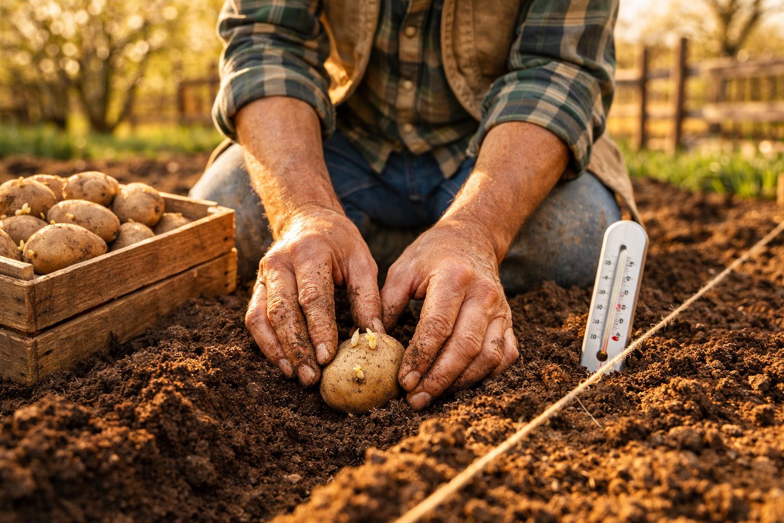 Mãos de agricultor a plantar batatas num campo com terra solta e caixa de batatas ao lado.