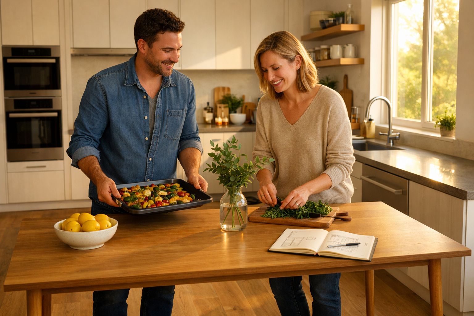 Casal cozinha junto na cozinha moderna, preparando legumes frescos numa bancada de madeira.