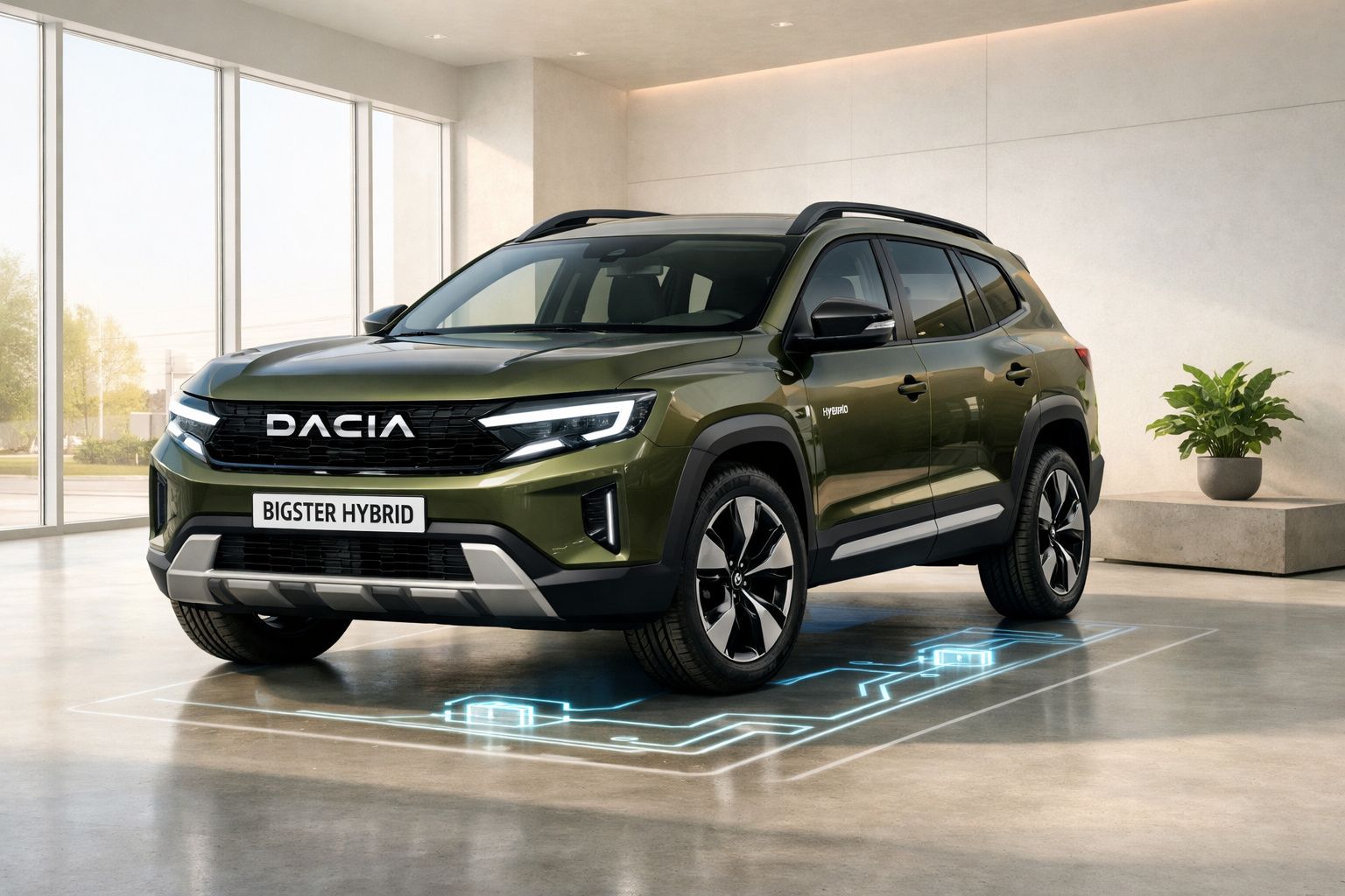Veículo SUV Dacia Bigster Hybrid verde num interior moderno com luz natural e projeções digitais no chão.