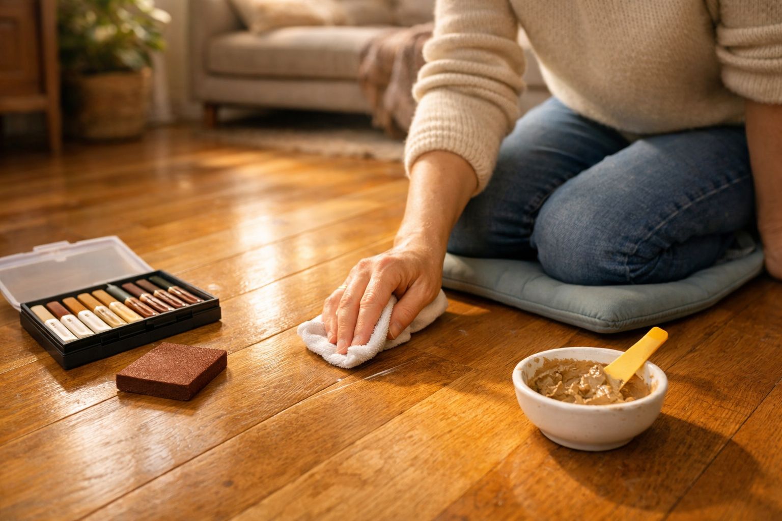 Pessoa a restaurar o chão de madeira com cera e pano, ajoelhada num tapete azul claro.