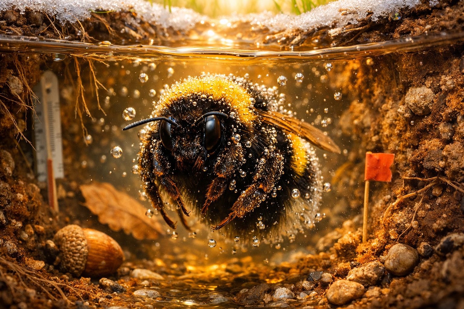 Abelha submersa em água com bolhas, rodeada por terra, folha, bolota e marcador laranja numa cena macro.